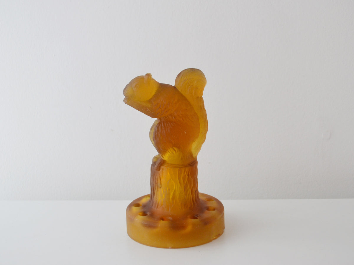 Sowerby Art Deco Amber Glass Squirrel Flower Frog, 1930s