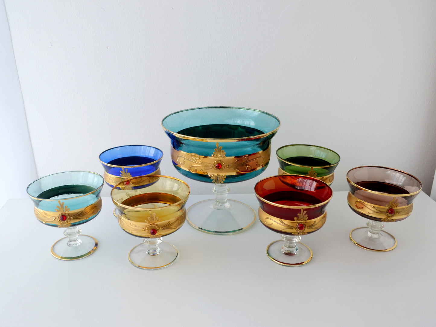 Venetian Murano Style Glass Dessert Set — 7 Pieces, Multicolour with Gold & Ruby Jewels, Italy circa 1950s–60s