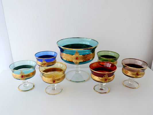 Venetian Murano Style Glass Dessert Set — 7 Pieces, Multicolour with Gold & Ruby Jewels, Italy circa 1950s–60s