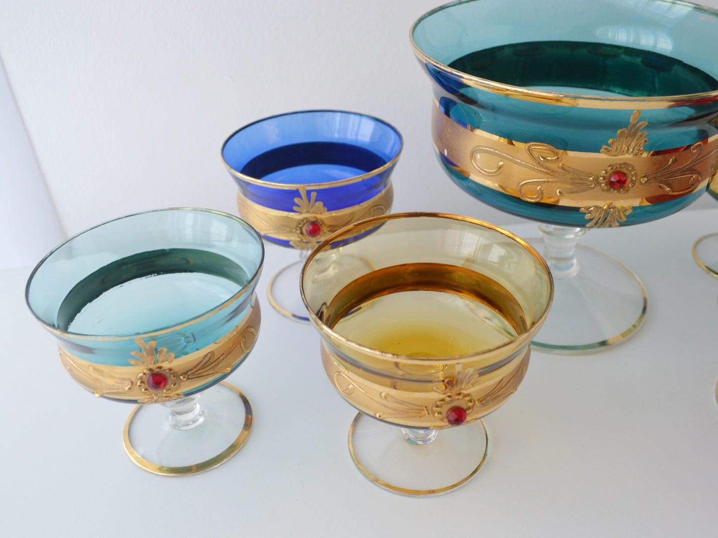 Venetian Murano Style Glass Dessert Set — 7 Pieces, Multicolour with Gold & Ruby Jewels, Italy circa 1950s–60s