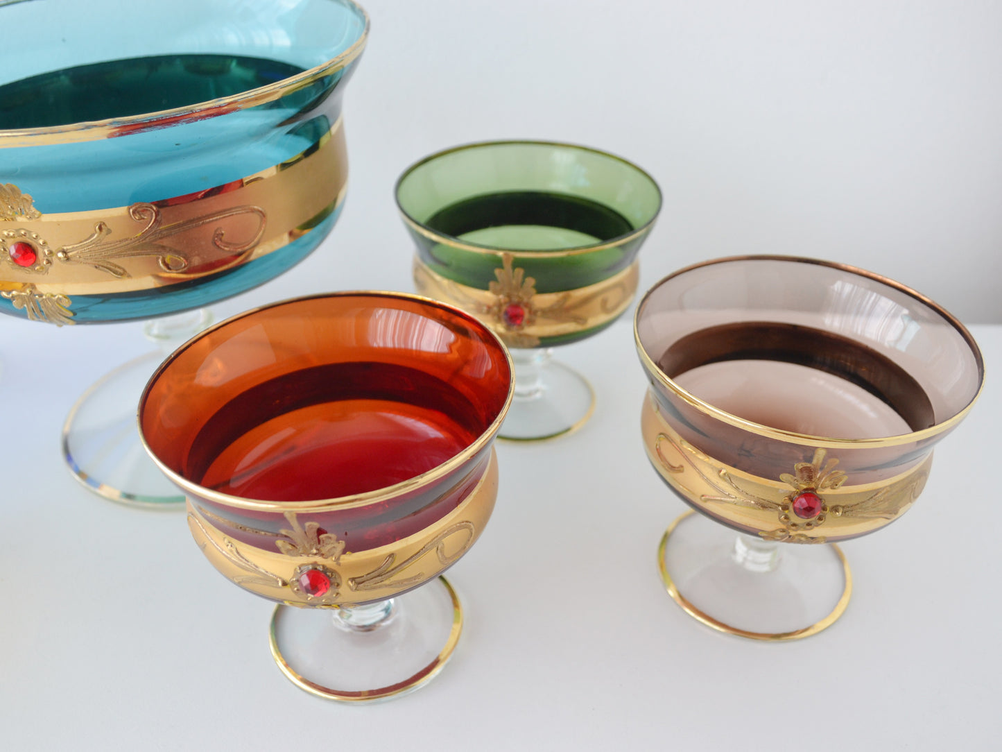 Venetian Murano Style Glass Dessert Set — 7 Pieces, Multicolour with Gold & Ruby Jewels, Italy circa 1950s–60s