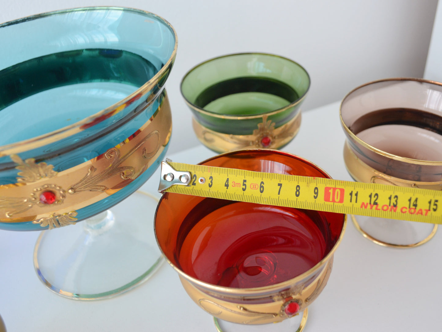 Venetian Murano Style Glass Dessert Set — 7 Pieces, Multicolour with Gold & Ruby Jewels, Italy circa 1950s–60s