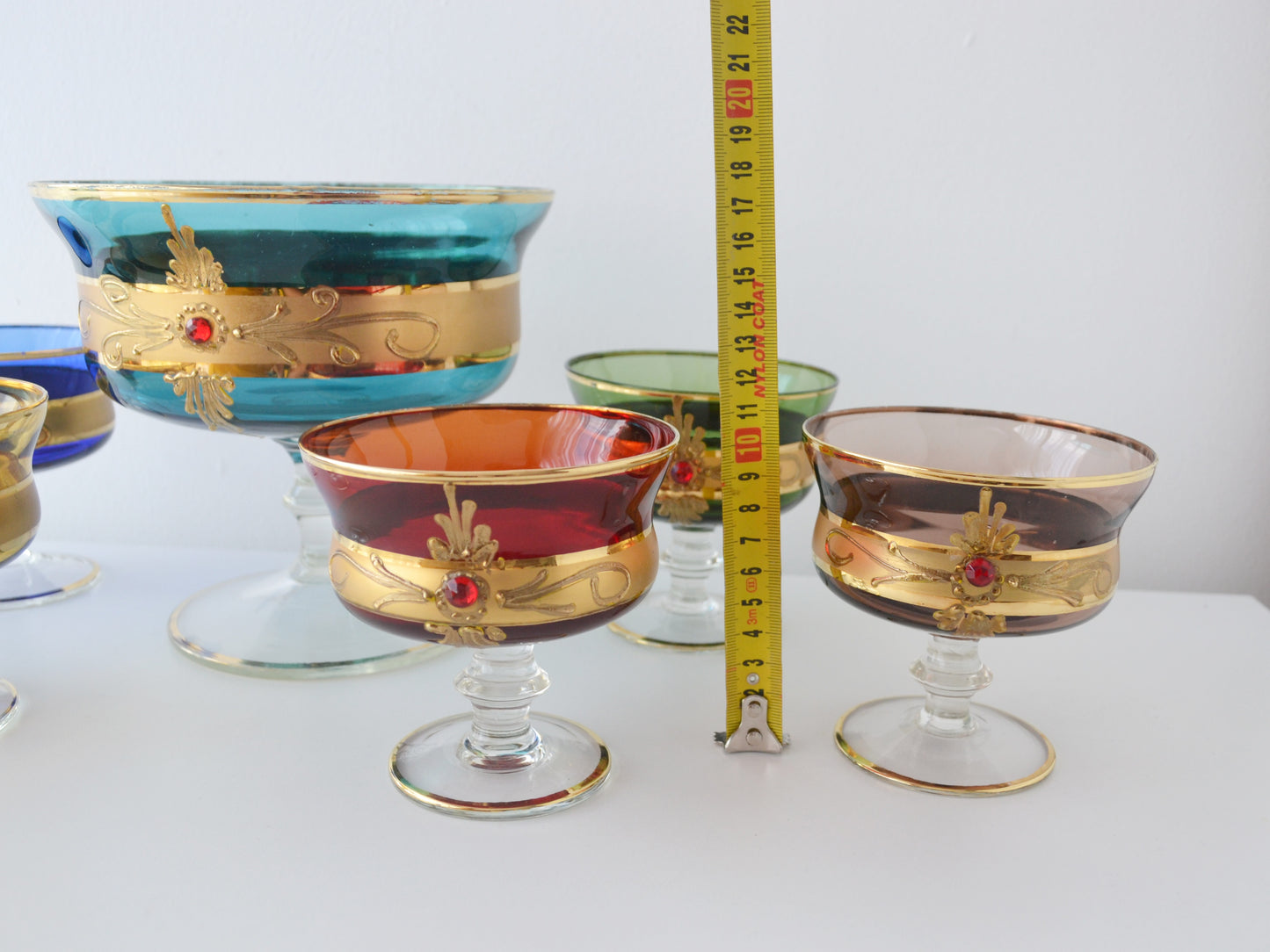 Venetian Murano Style Glass Dessert Set — 7 Pieces, Multicolour with Gold & Ruby Jewels, Italy circa 1950s–60s