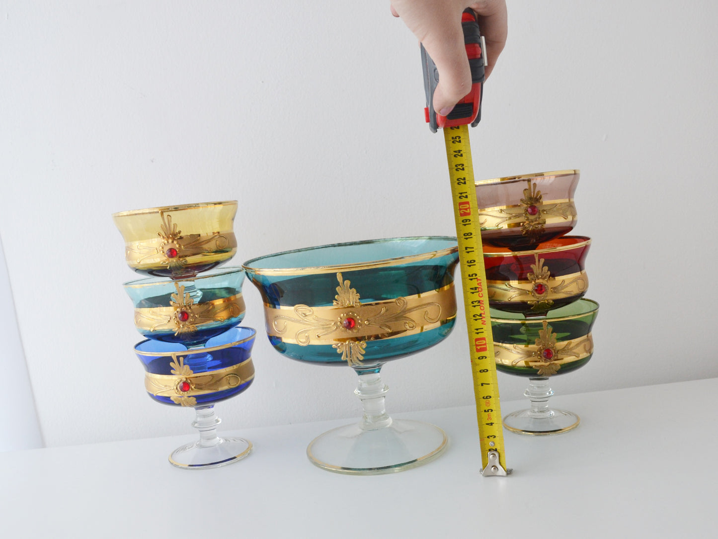 Venetian Murano Style Glass Dessert Set — 7 Pieces, Multicolour with Gold & Ruby Jewels, Italy circa 1950s–60s