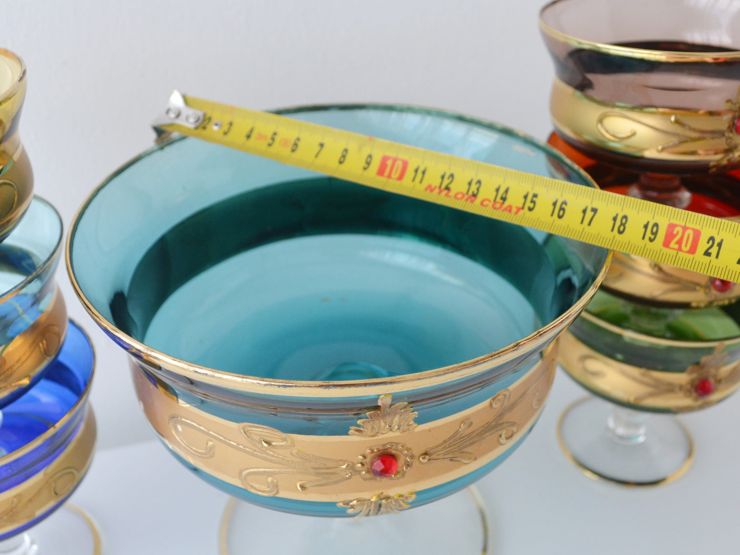 Venetian Murano Style Glass Dessert Set — 7 Pieces, Multicolour with Gold & Ruby Jewels, Italy circa 1950s–60s
