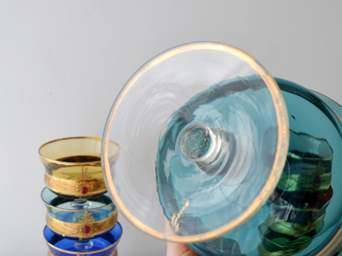 Venetian Murano Style Glass Dessert Set — 7 Pieces, Multicolour with Gold & Ruby Jewels, Italy circa 1950s–60s