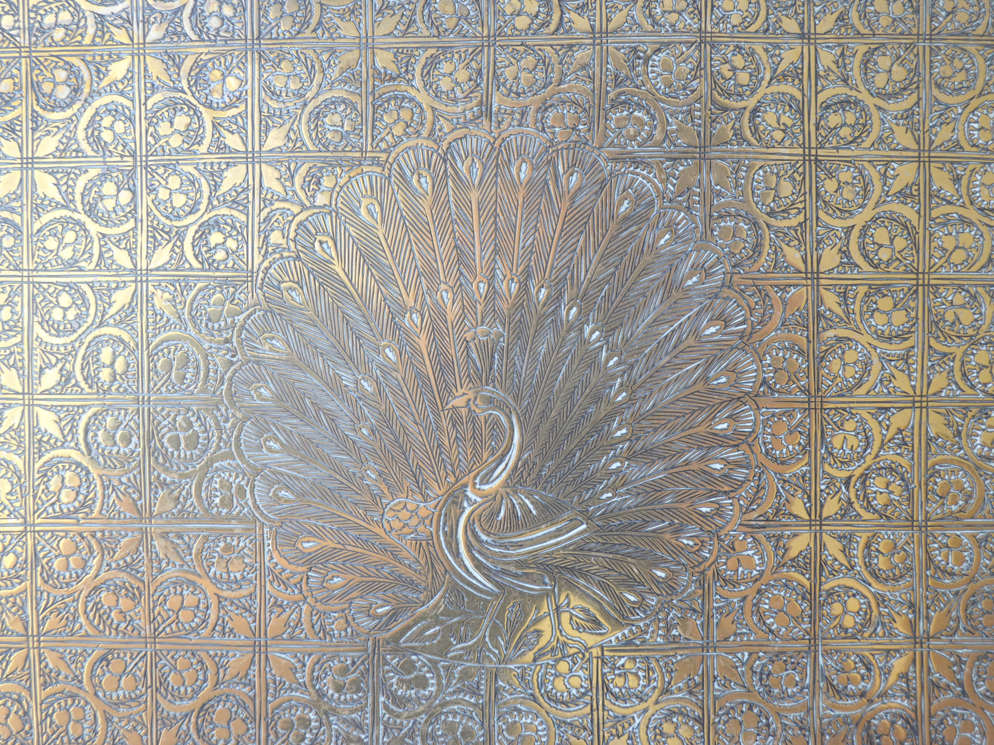 Engraved Brass Oval Tray — Peacock Motif, Hand-Engraved, India circa 1880–1910