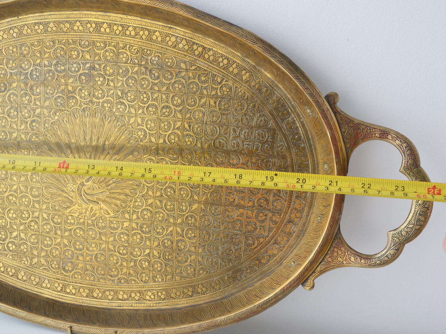 Engraved Brass Oval Tray — Peacock Motif, Hand-Engraved, India circa 1880–1910