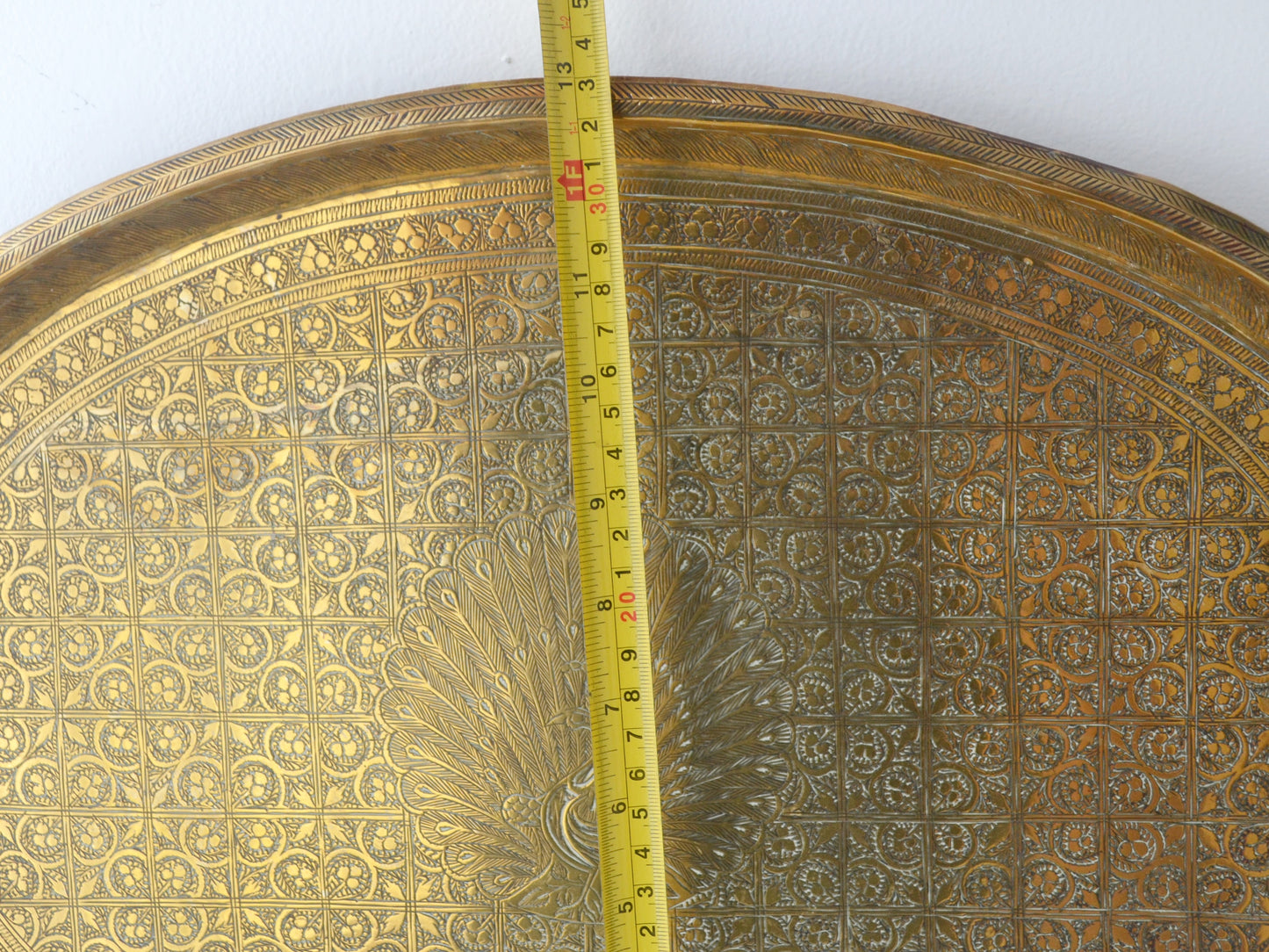 Engraved Brass Oval Tray — Peacock Motif, Hand-Engraved, India circa 1880–1910