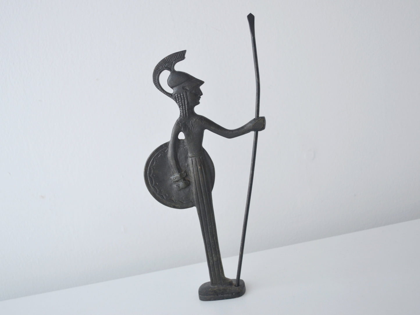 Cast bronze Athena Pallas figurine, spear raised, owl shield, Greece circa 1960s, front left view