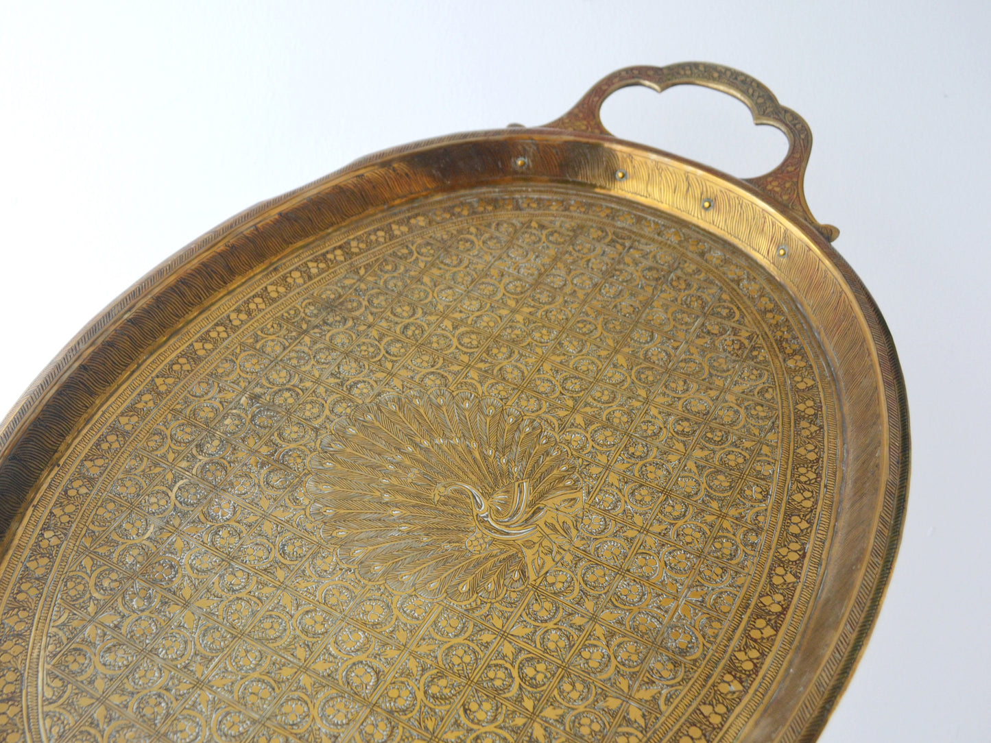 Engraved Brass Oval Tray — Peacock Motif, Hand-Engraved, India circa 1880–1910