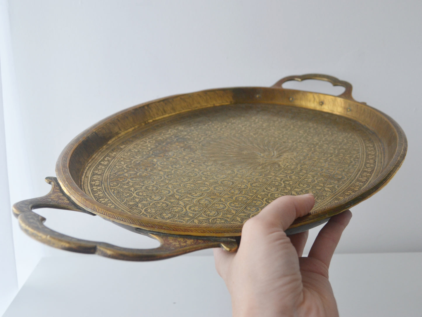 Engraved Brass Oval Tray — Peacock Motif, Hand-Engraved, India circa 1880–1910