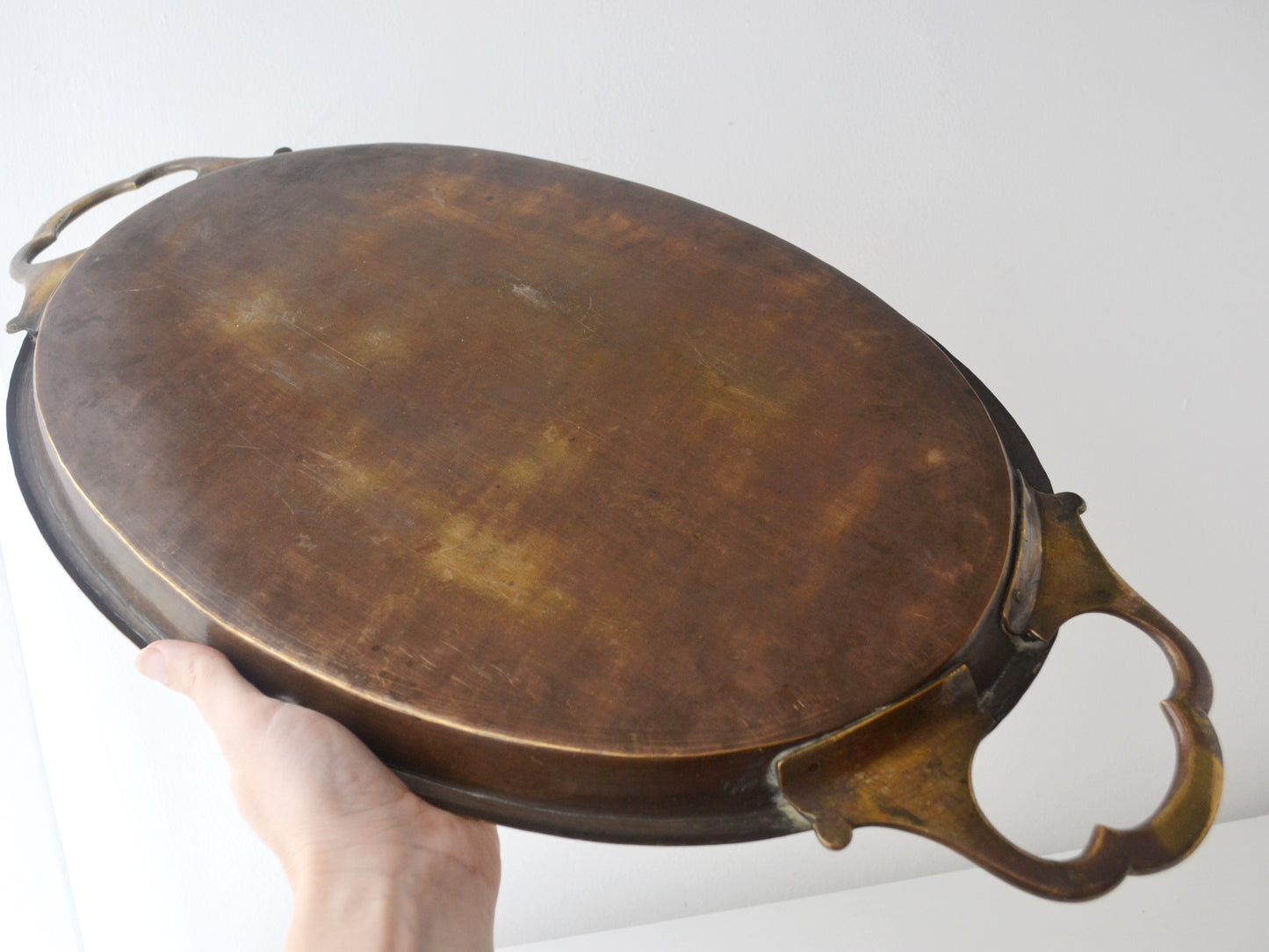 Engraved Brass Oval Tray — Peacock Motif, Hand-Engraved, India circa 1880–1910