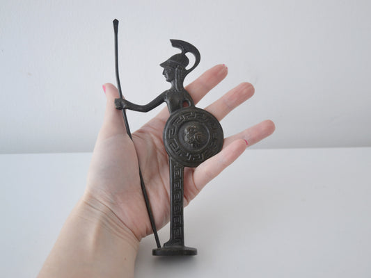 Vintage cast bronze Athena figurine, flat-profile Greek casting circa 1960s, 21cm tall, held in hand for scale