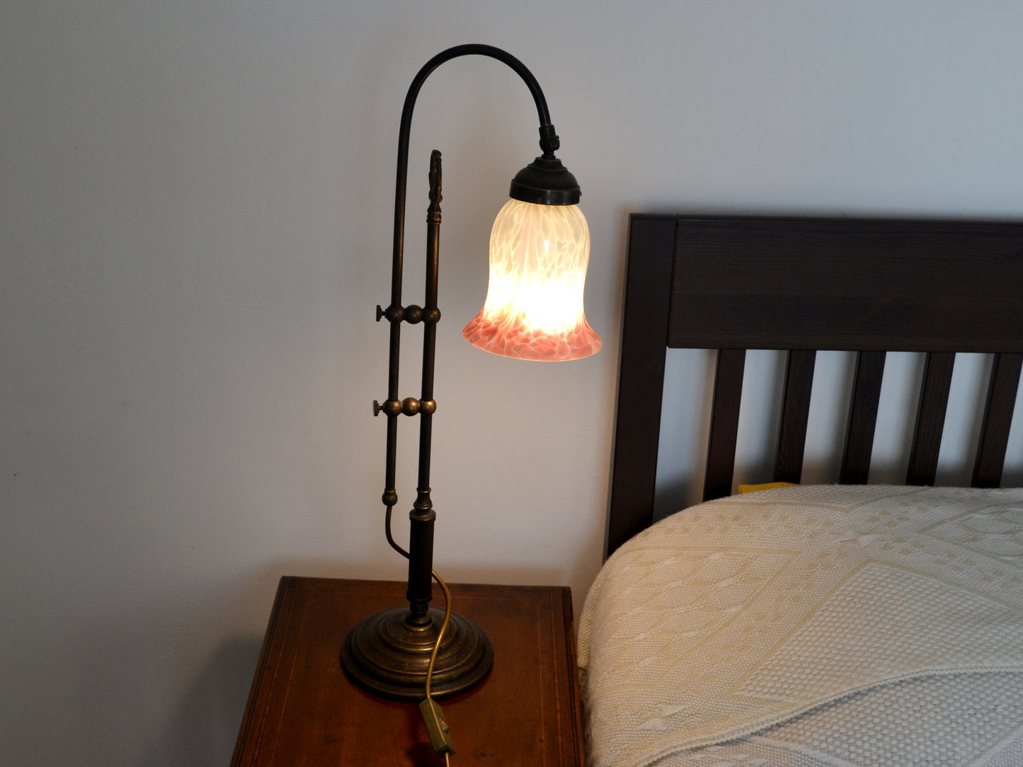 Brass Swan Neck Table Lamp — Opaline Glass Tulip Shade, Pink Gradient, Adjustable