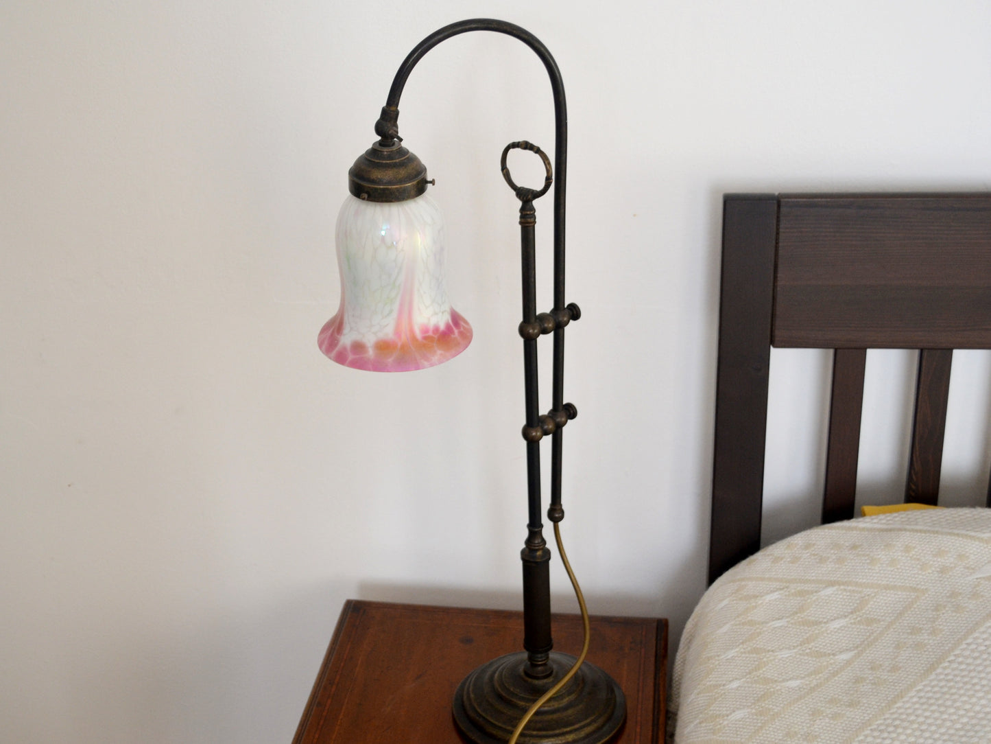 Brass Swan Neck Table Lamp — Opaline Glass Tulip Shade, Pink Gradient, Adjustable