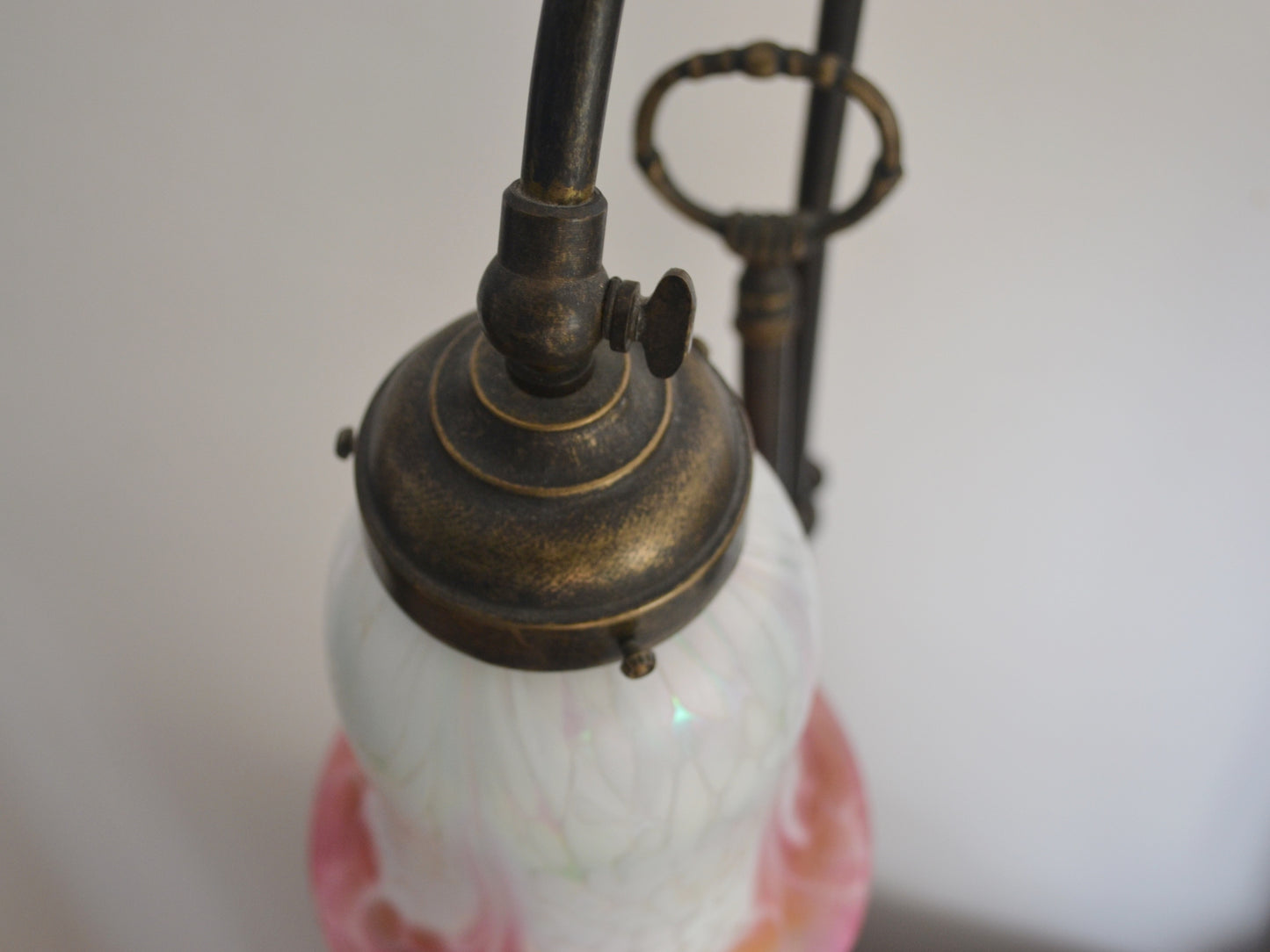 Brass Swan Neck Table Lamp — Opaline Glass Tulip Shade, Pink Gradient, Adjustable