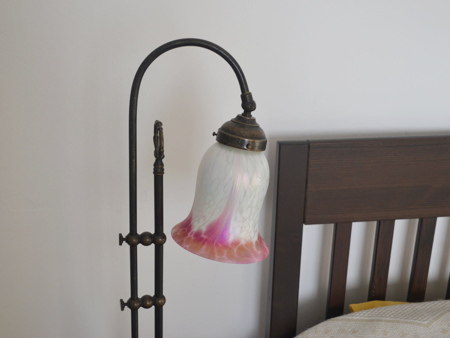 Brass Swan Neck Table Lamp — Opaline Glass Tulip Shade, Pink Gradient, Adjustable