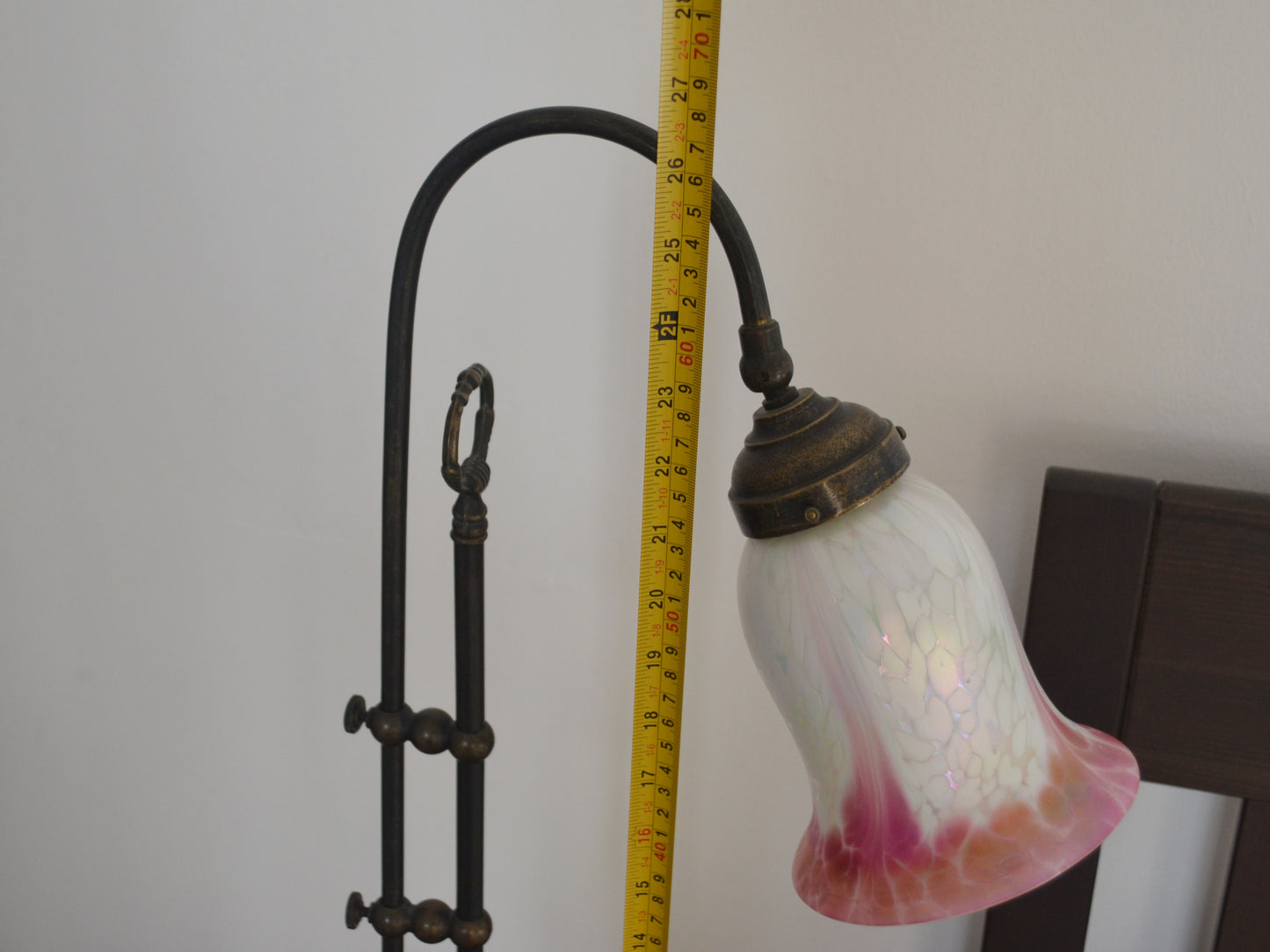 Brass Swan Neck Table Lamp — Opaline Glass Tulip Shade, Pink Gradient, Adjustable