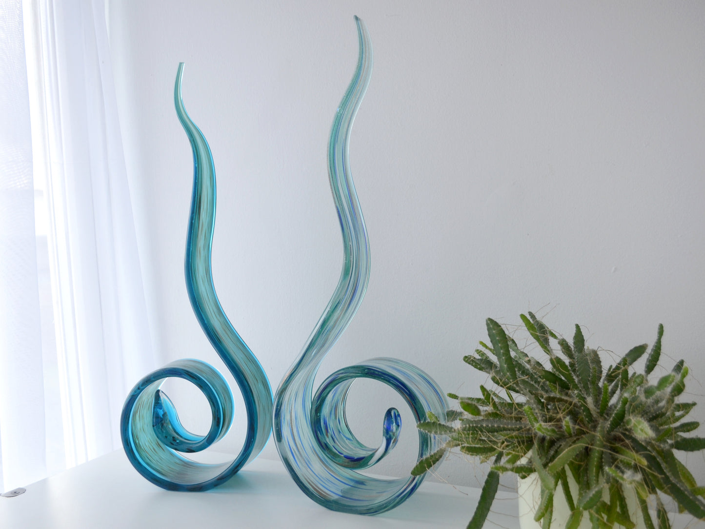 Hand-Blown Glass Swirl Sculptures, Aqua & Aventurine — Pair, Italy circa 1990s
