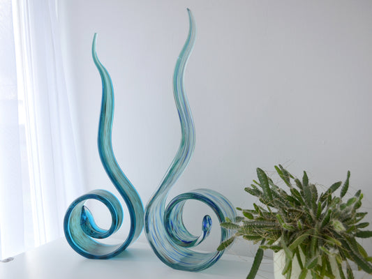 Hand-Blown Glass Swirl Sculptures, Aqua & Aventurine — Pair, Italy circa 1990s