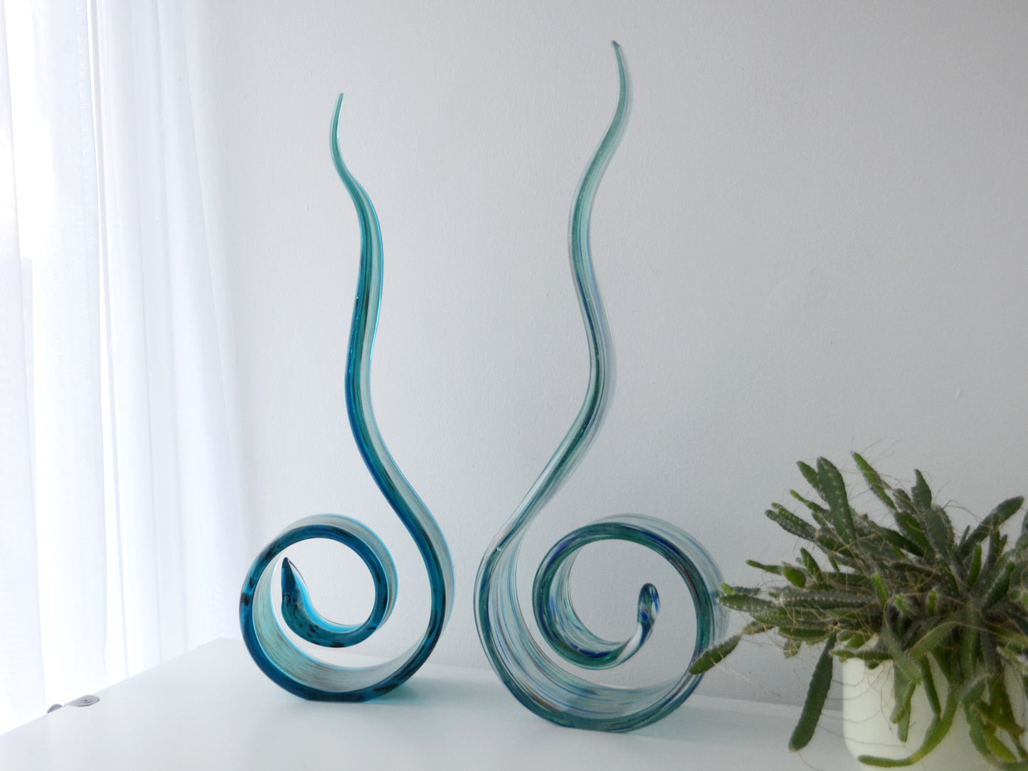 Hand-Blown Glass Swirl Sculptures, Aqua & Aventurine — Pair, Italy circa 1990s
