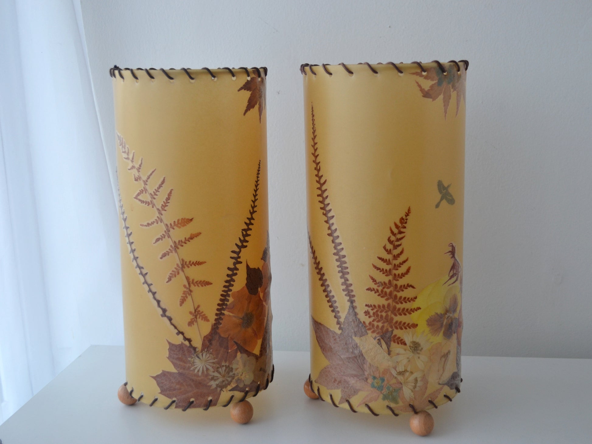 Pressed fern and autumn leaf detail, parchment lampshade with real dried botanicals, circa 1970s.