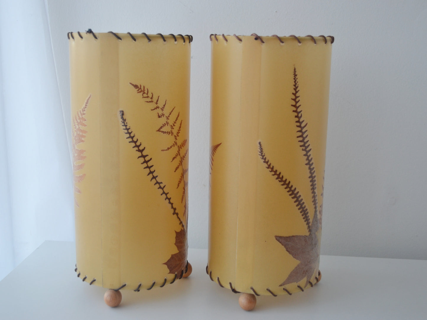 Pair Pressed Flower Parchment Lampshades — Whipstitch, Wooden Feet, France/Italy circa 1970s