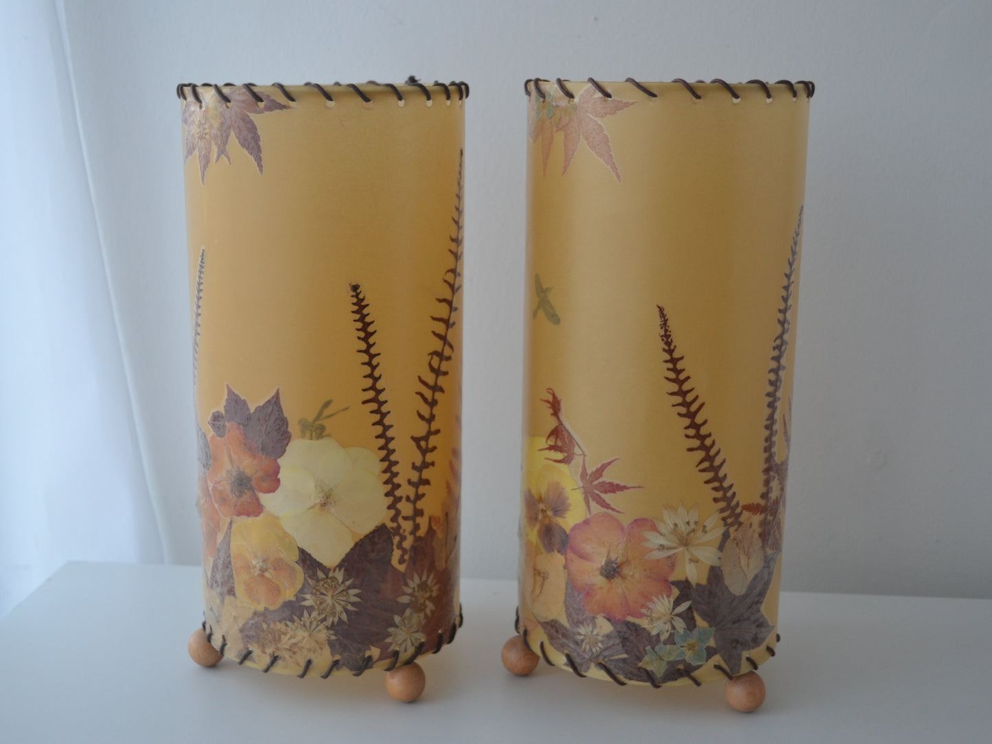 Pair Pressed Flower Parchment Lampshades — Whipstitch, Wooden Feet, France/Italy circa 1970s