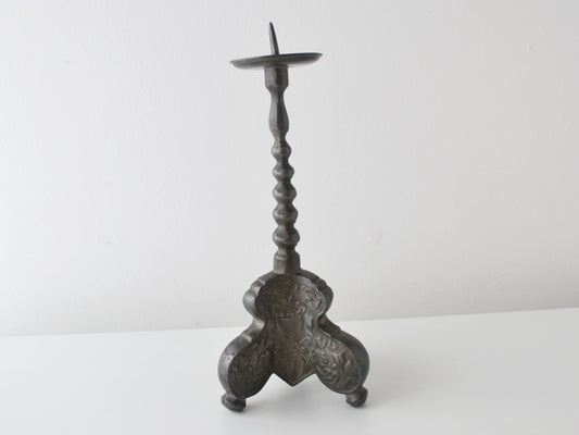 Baroque pewter pricket candlestick, tripod acanthus base, Europe circa 18th–19th century, front view.