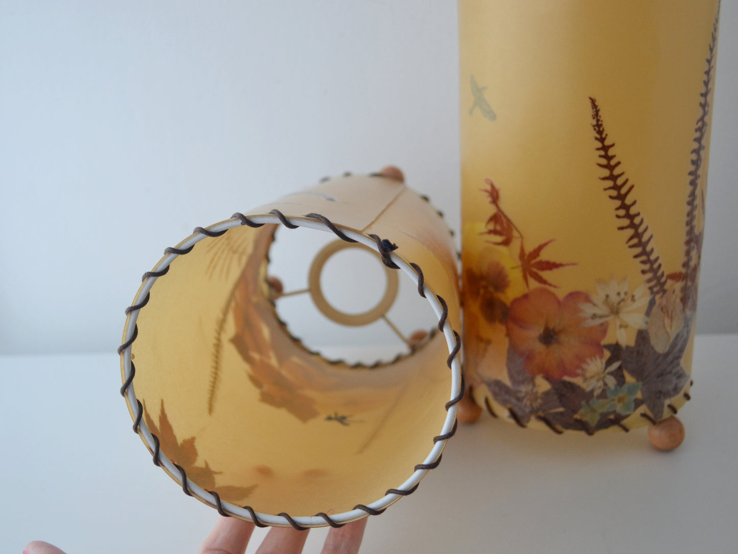 Pair Pressed Flower Parchment Lampshades — Whipstitch, Wooden Feet, France/Italy circa 1970s