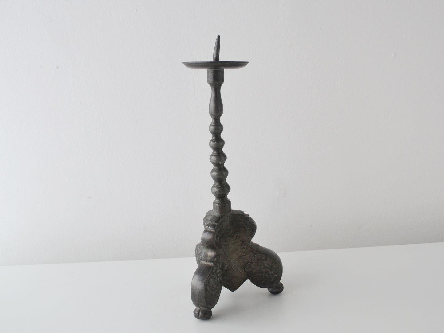 Baroque Pewter Pricket Candlestick — Tripod Acanthus Base, Gothic Revival, Europe circa 18th–19th Century