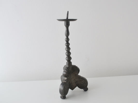 Baroque Pewter Pricket Candlestick — Tripod Acanthus Base, Gothic Revival, Europe circa 18th–19th Century