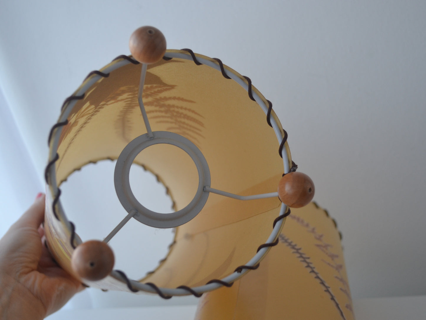 Pair Pressed Flower Parchment Lampshades — Whipstitch, Wooden Feet, France/Italy circa 1970s