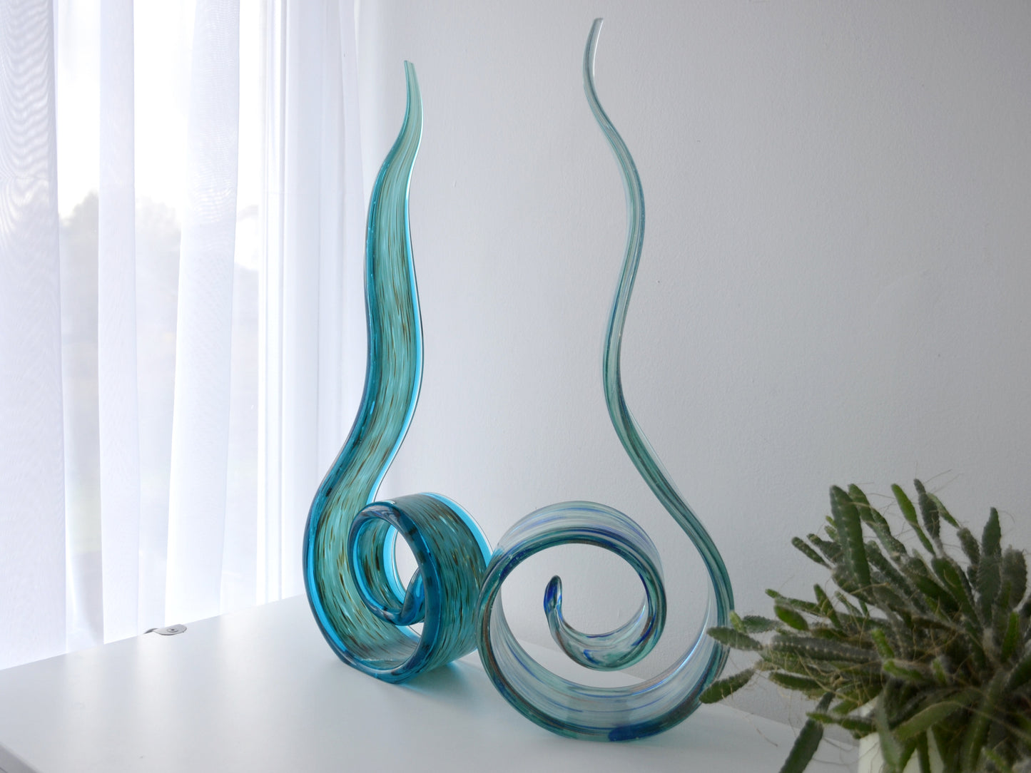 Hand-Blown Glass Swirl Sculptures, Aqua & Aventurine — Pair, Italy circa 1990s