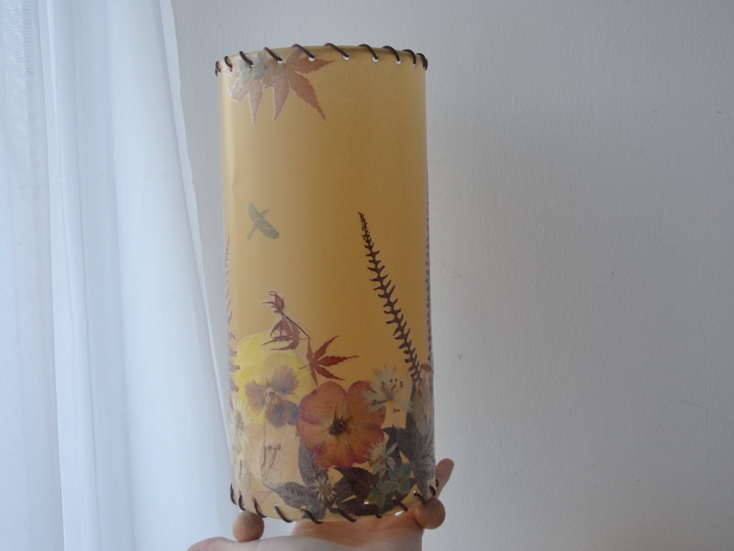 Pair Pressed Flower Parchment Lampshades — Whipstitch, Wooden Feet, France/Italy circa 1970s