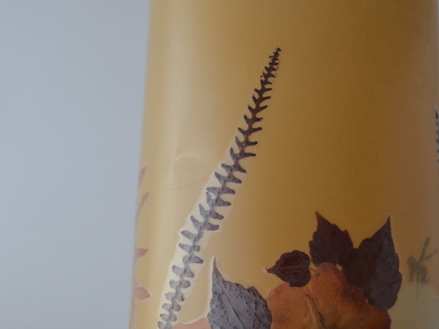 Pair Pressed Flower Parchment Lampshades — Whipstitch, Wooden Feet, France/Italy circa 1970s