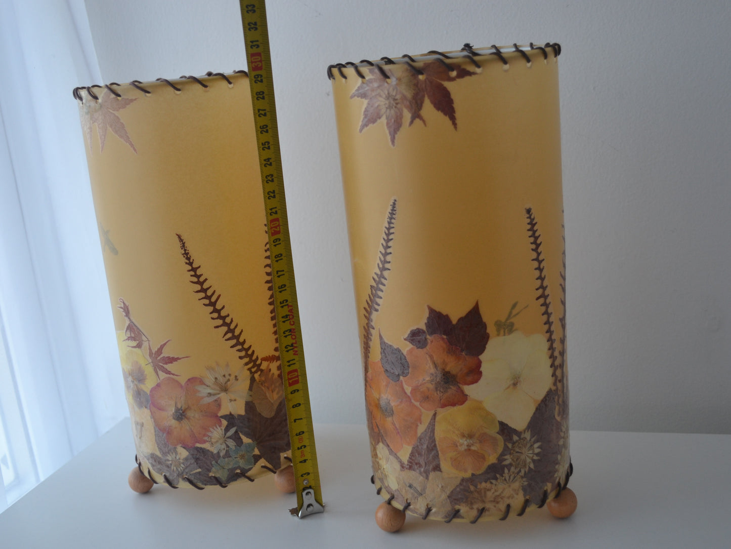 Pair Pressed Flower Parchment Lampshades — Whipstitch, Wooden Feet, France/Italy circa 1970s