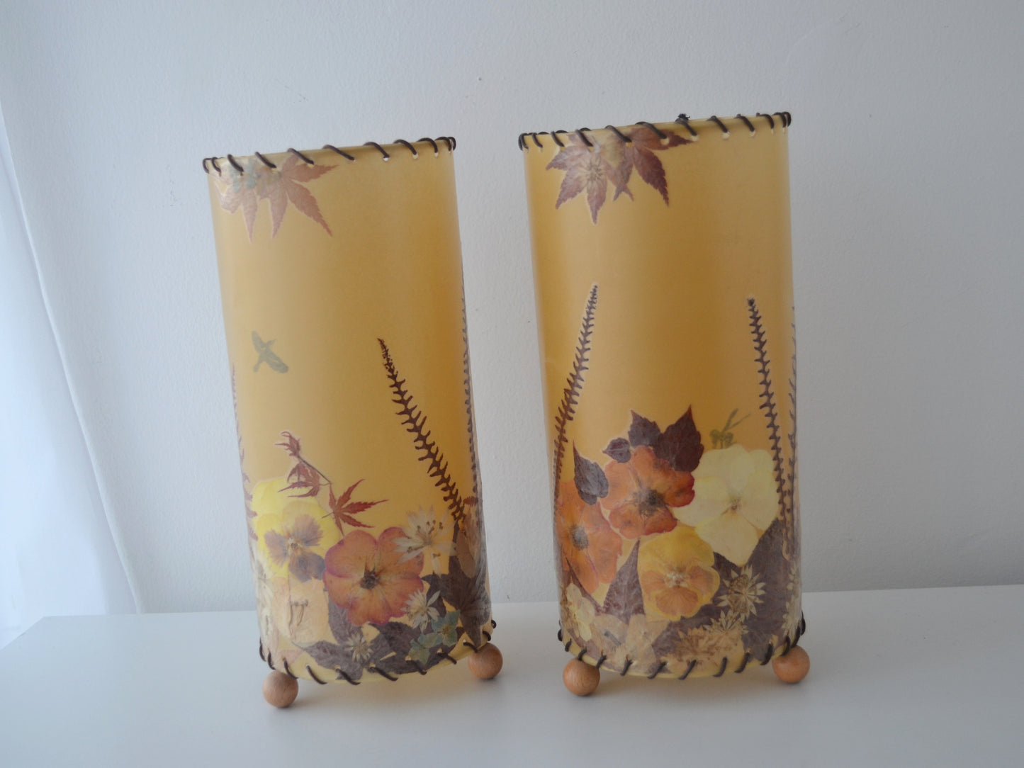 Pair Pressed Flower Parchment Lampshades — Whipstitch, Wooden Feet, France/Italy circa 1970s