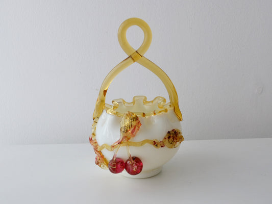 Victorian uranium glass basket, opaline body, amber handle, hand-applied cherries and leaves, Stevens &amp; Williams England circa 1880–1900, front view