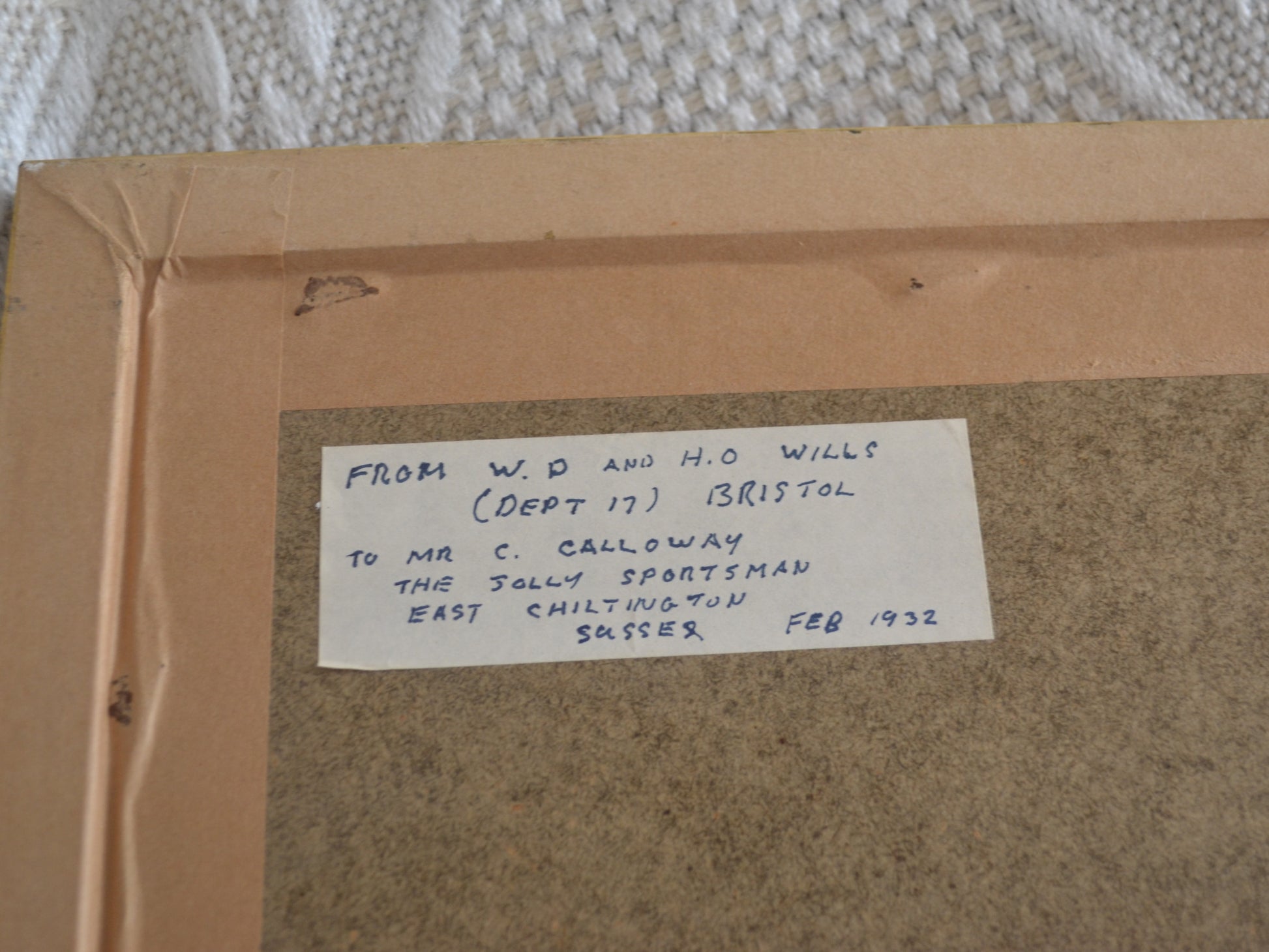 Original provenance label to reverse, W.D & H.O Wills Bristol to The Jolly Sportsman Sussex, February 1932.