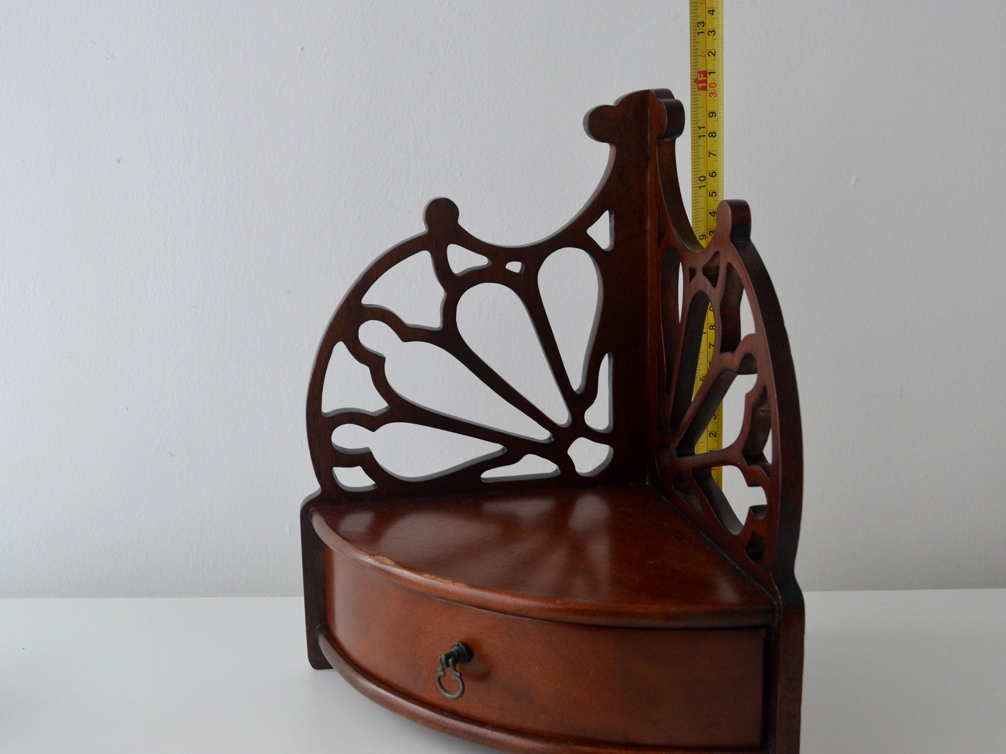 Mahogany Corner Wall Shelf — Chippendale Fretwork & Drawer, circa 1800s