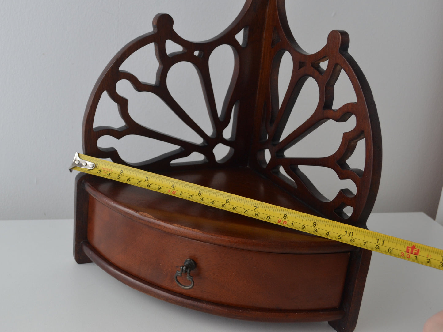 Mahogany Corner Wall Shelf — Chippendale Fretwork & Drawer, circa 1800s