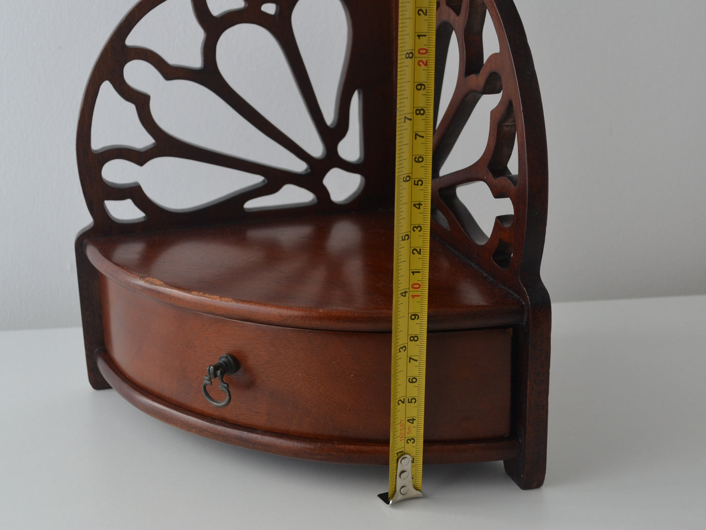 Mahogany Corner Wall Shelf — Chippendale Fretwork & Drawer, circa 1800s