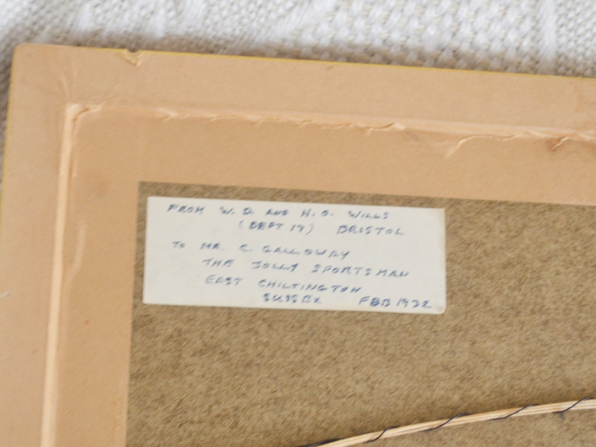 Original provenance label to reverse — W.D & H.O Wills Bristol to The Jolly Sportsman Sussex, February 1932.