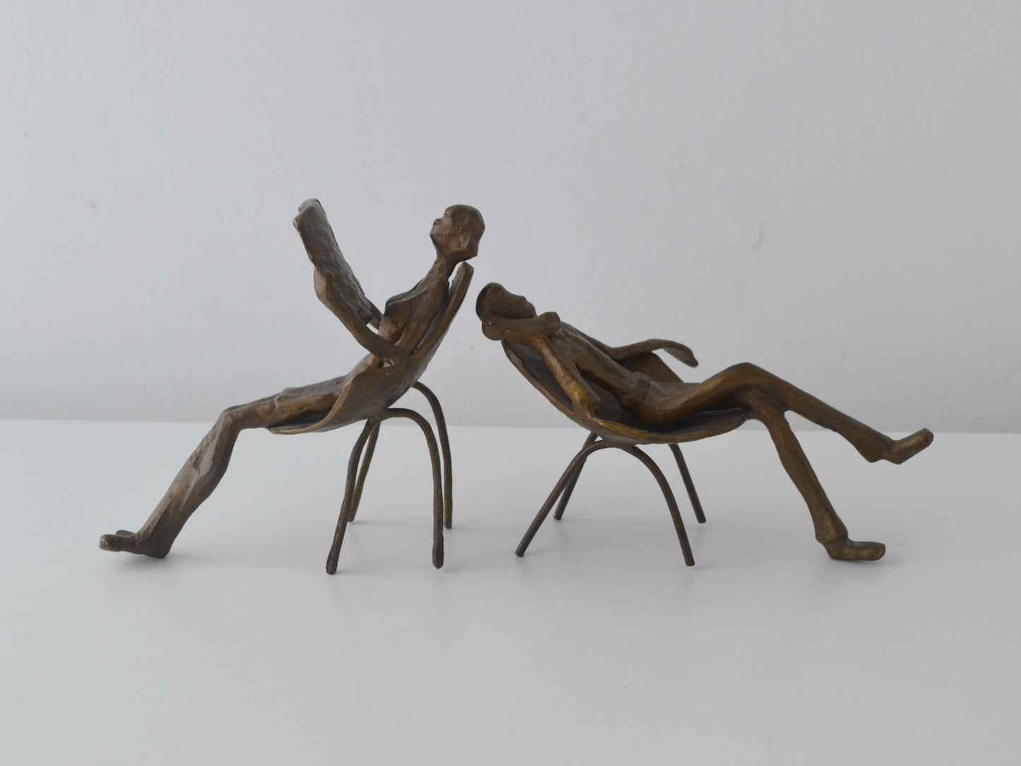 Bronze Figural Sculpture Pair — Waiting Room Scene, Mid-Century, 1960s