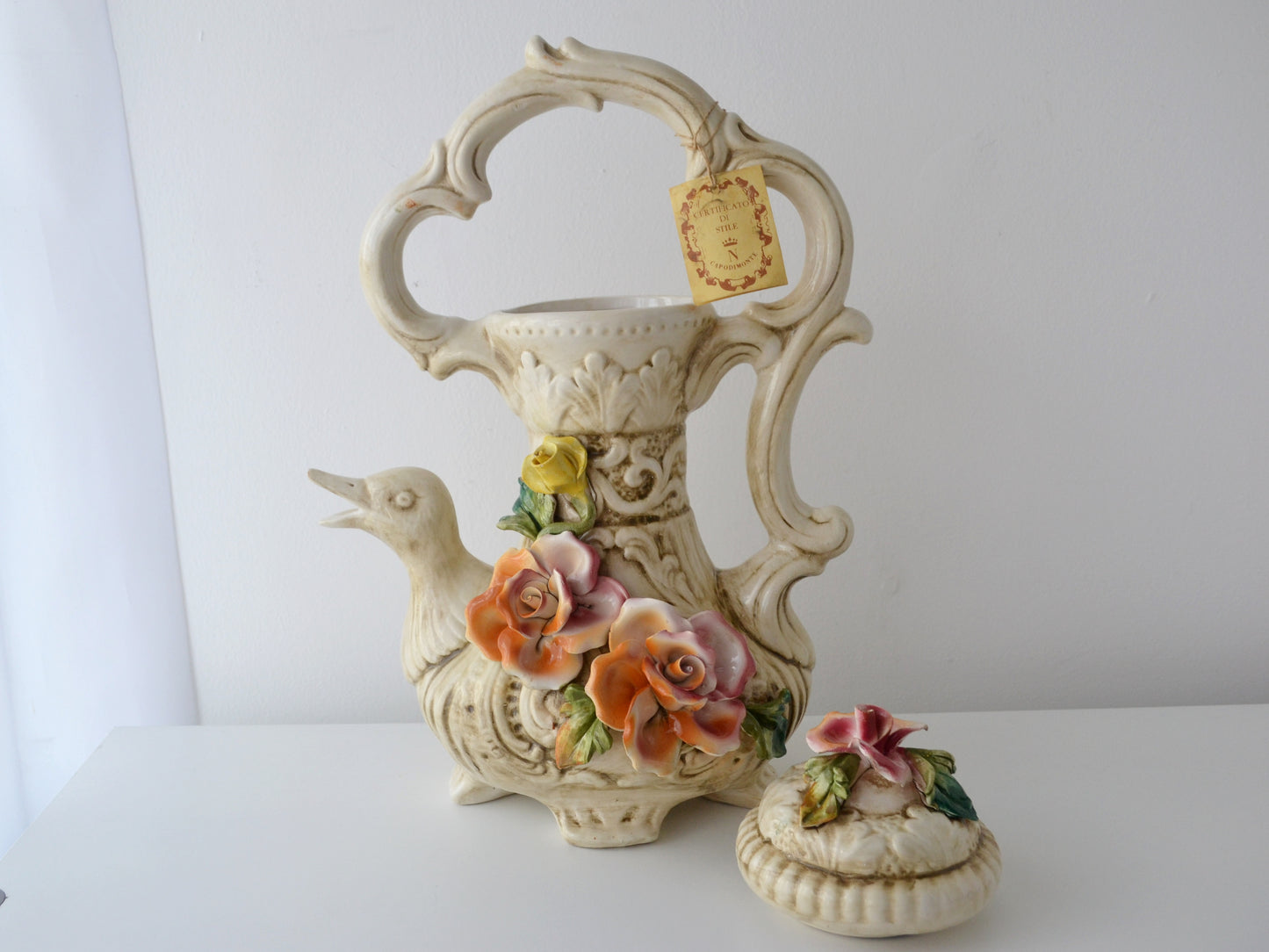 Capodimonte Duck Jug with Lid — Applied Roses, Original Certificate, Italy circa 1970s–80s