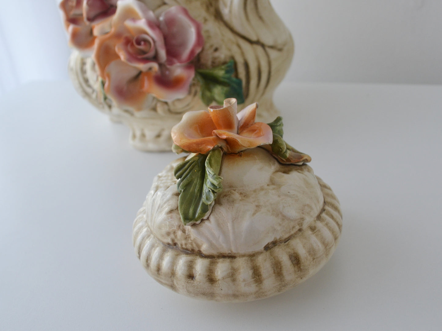 Capodimonte Duck Jug with Lid — Applied Roses, Original Certificate, Italy circa 1970s–80s