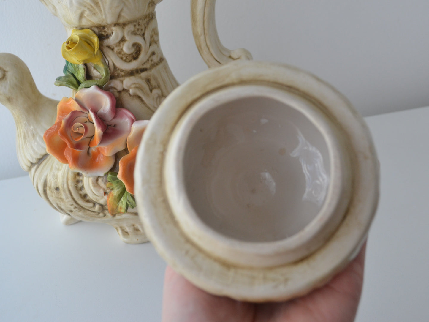 Capodimonte Duck Jug with Lid — Applied Roses, Original Certificate, Italy circa 1970s–80s