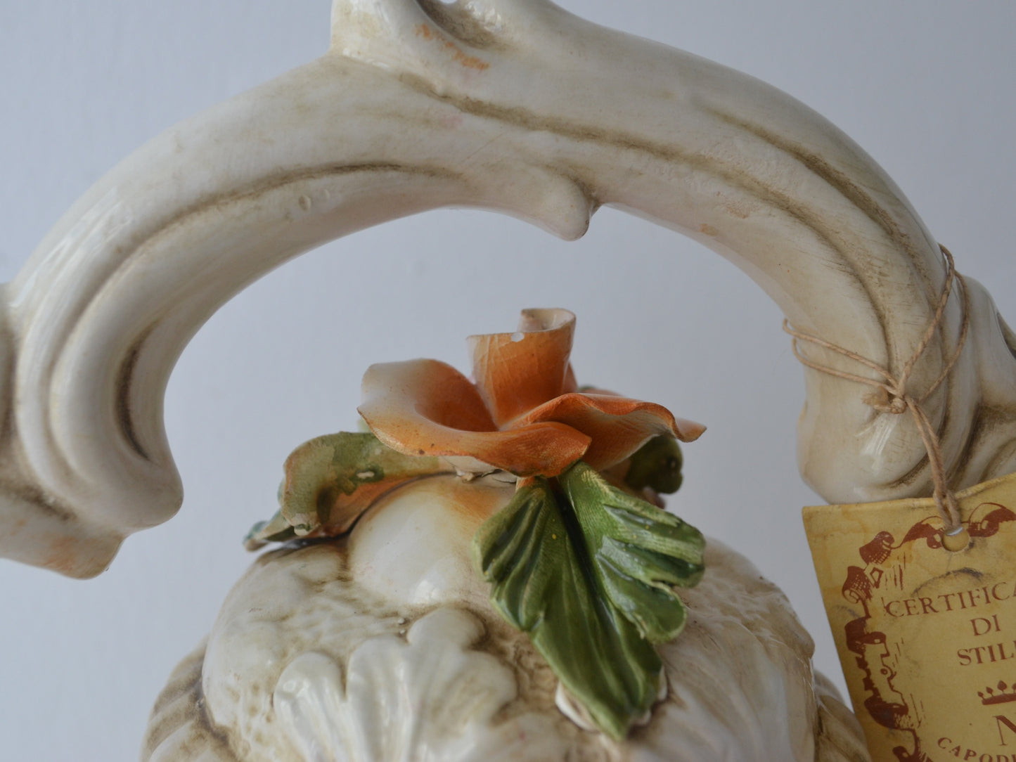 Capodimonte Duck Jug with Lid — Applied Roses, Original Certificate, Italy circa 1970s–80s